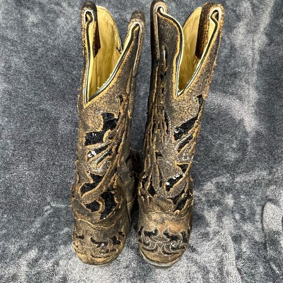 CORRAL BOOTS Brown Black Sequence Inlay Suede with Sequins Cowgirl Boots Size 7. - Picture 4 of 8